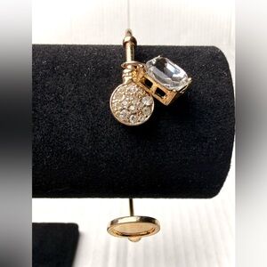 Rhinestone Dangle Charm Cuff Bracelet Gold Tone Emerald Cut Glass Crystal CUTE!!